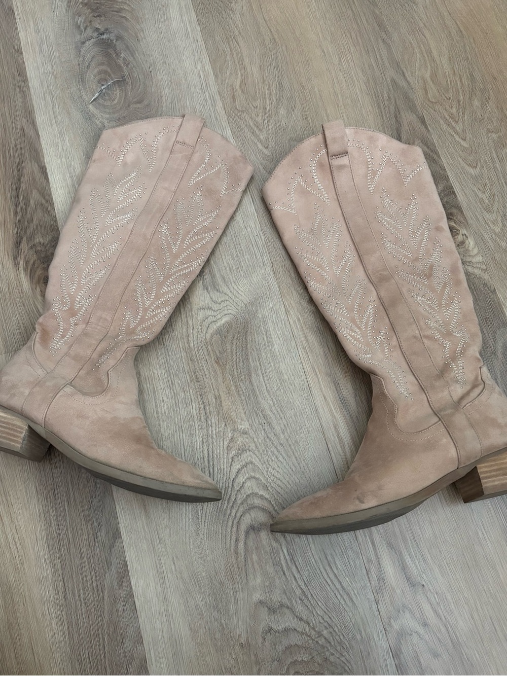 Francesca's Collections Blush Suede Embroidered Knee-High Boots